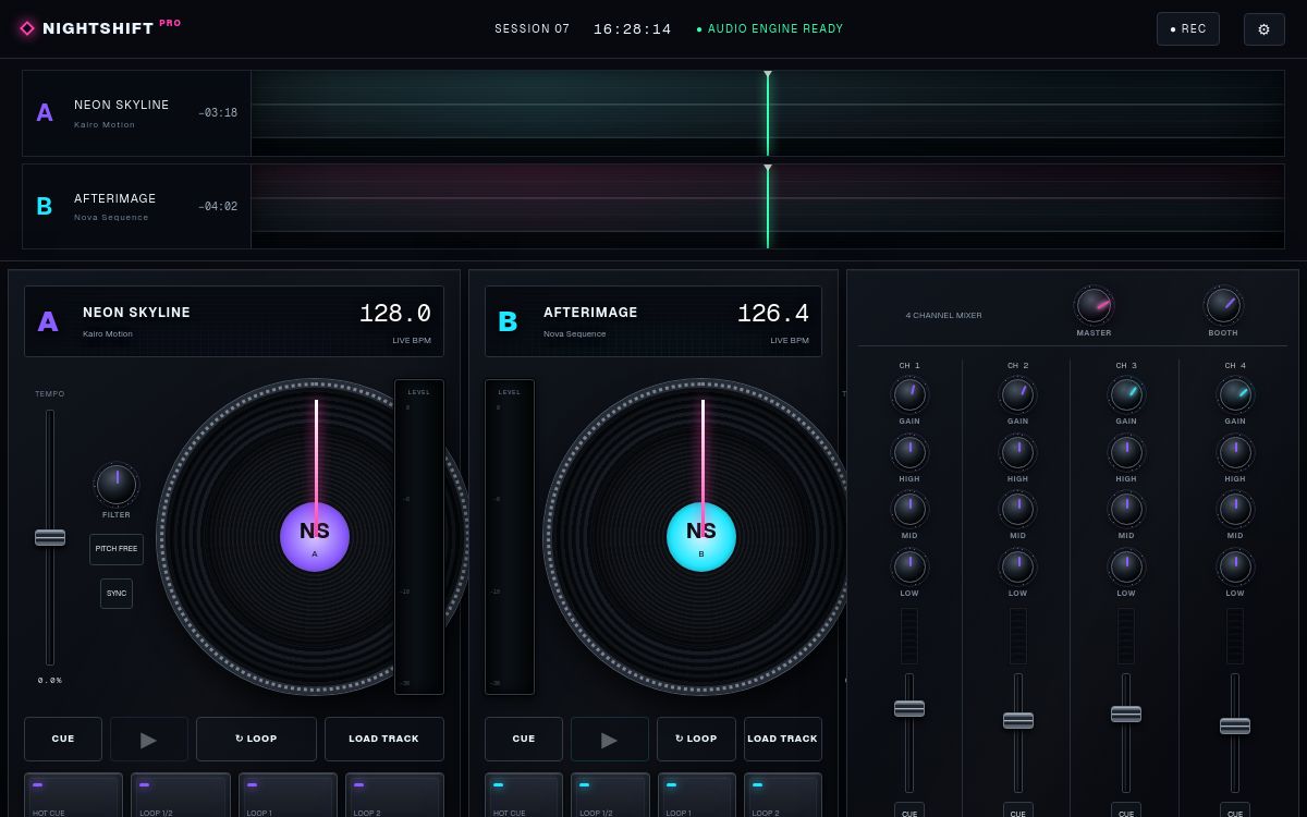 NIGHTSHIFT — Dual Deck Performance System application preview